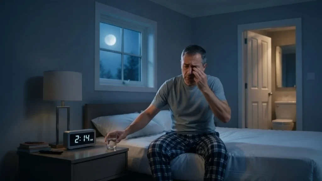 Man experiencing frequent nighttime urination seeking natural solutions for sleep quality.