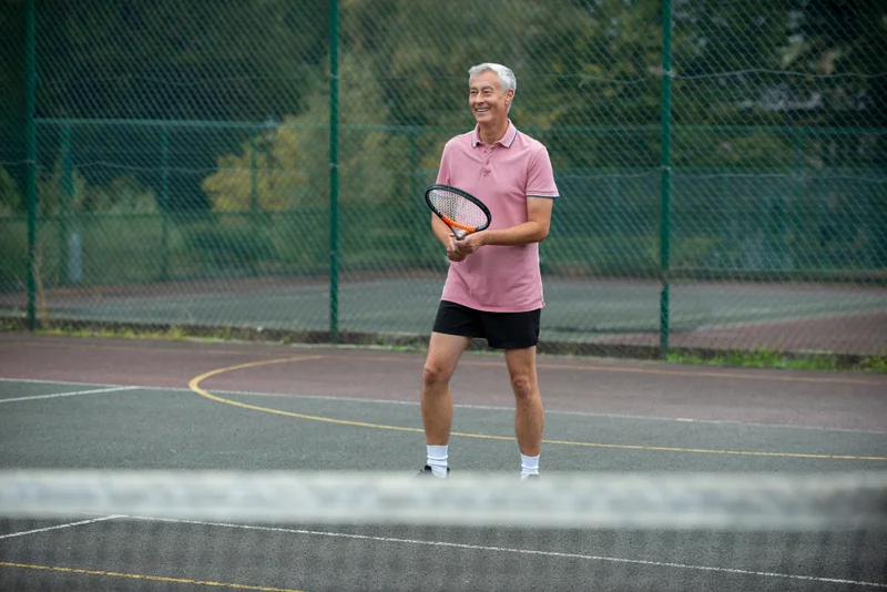 An energetic man over 50 years old smiling while playing tennis, perfectly illustrating the vitality goals highlighted in this Mitolyn Review 2026.