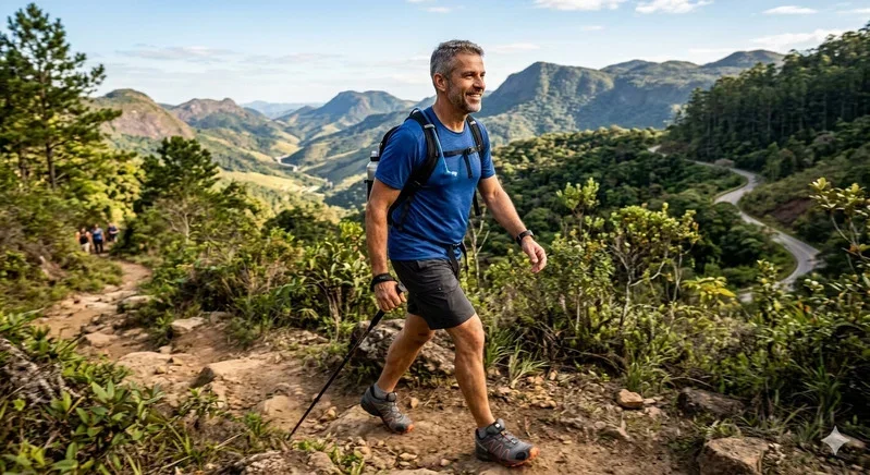 healthy active man over 40 hiking, showing results of managing frequent nighttime urination