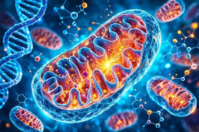 3D scientific illustration of a single mitochondrion producing ATP cellular energy, demonstrating the mechanism of action for Mitolyn supplement for metabolism support