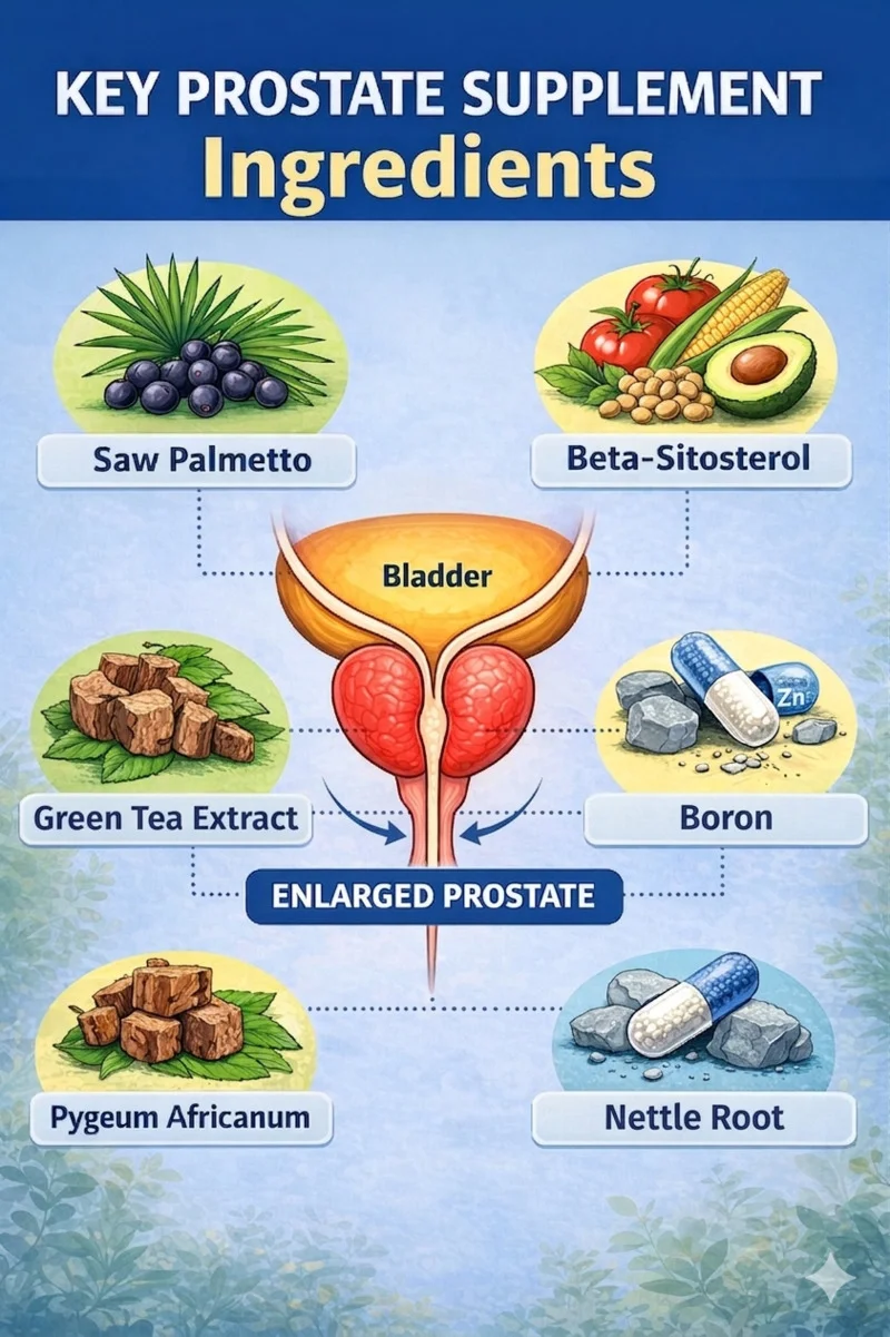 Diagram showing key prostate supplement ingredients like Saw Palmetto, Beta-Sitosterol, and Nettle Root targeting an enlarged prostate and bladder health.