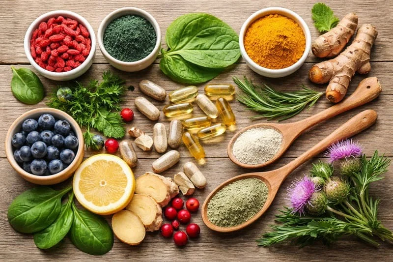 Flat lay composition on wood background showing bowls of goji berries, spirulina, turmeric, blueberries, lemon, ginger, and various supplement capsules for Mitolyn ingredients review.