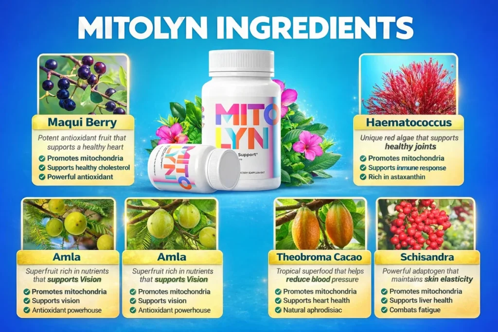 Detailed Mitolyn Ingredients Review chart showing the complete formula: Maqui Berry, Haematococcus, Amla Berry, Theobroma Cacao, and Schisandra for metabolism support.