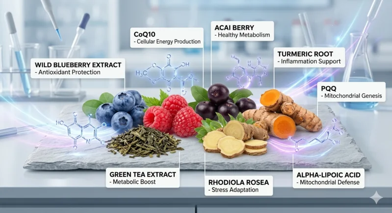 Infographic showing natural ingredients and molecular structures supporting mitochondrial health in the Mitolyn formula.