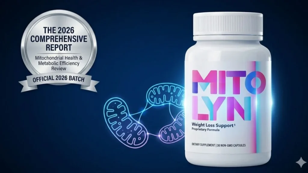 Mitolyn Review 2026: An official bottle of the metabolism support supplement with a silver comprehensive report badge.