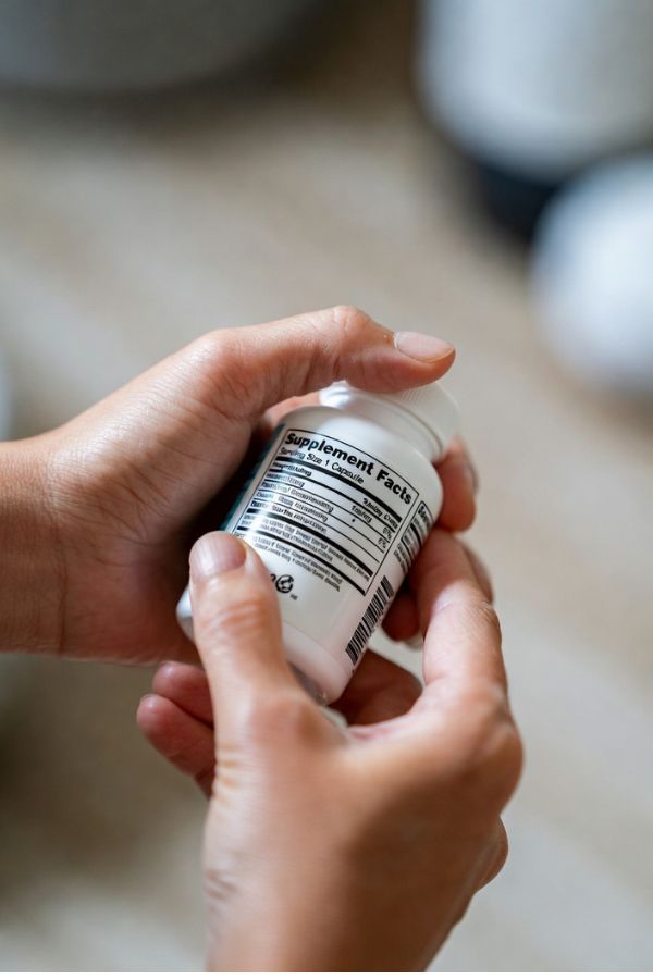Close-up view of hands holding a dietary supplement bottle and reading the ingredients label carefully to check for potential Mitolyn side effects.