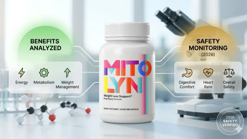Mitolyn supplement safety analysis infograph showing benefits like energy and metabolism vs safety monitoring of heart rate and digestive comfort in 2026.