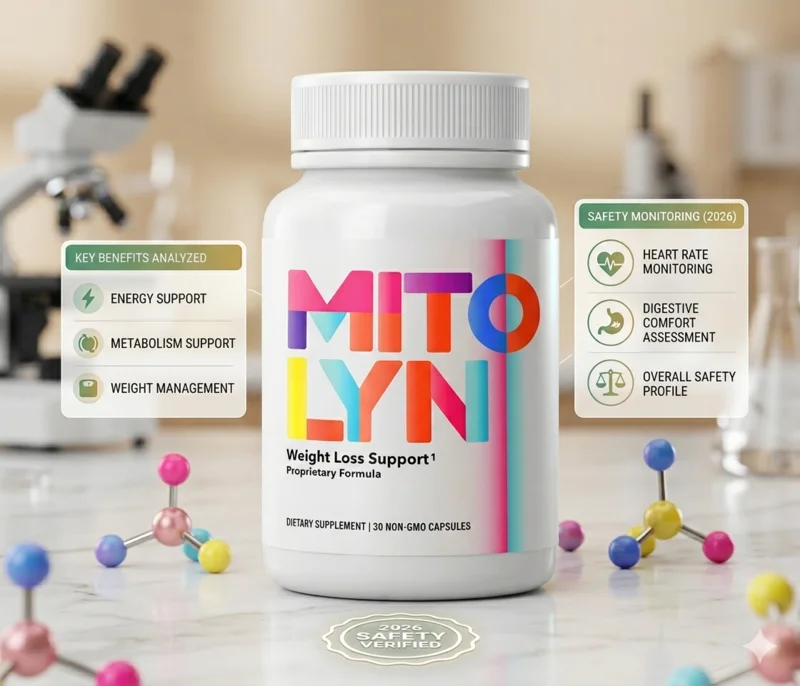 A professional infographic of a Mitolyn bottle showing a 2026 safety monitoring analysis, including heart rate and digestive comfort assessments.