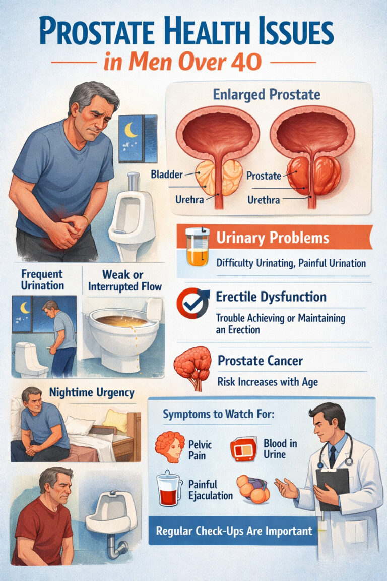 Infographic on prostate health symptoms for men over 40, showing weak urinary flow, nighttime urgency, pelvic pain, and regular checkups.