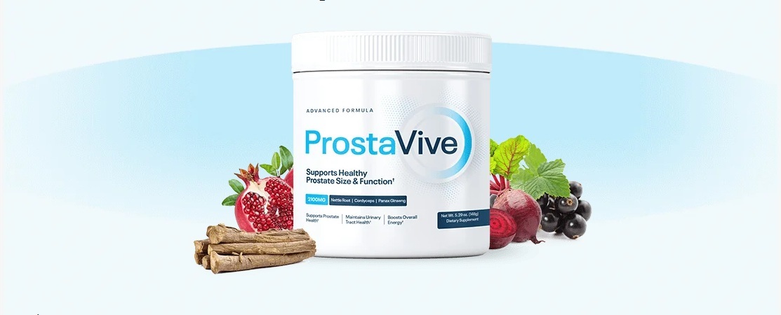 ProstaVive advanced formula ingredients visualization: a white bottle of the supplement with a pomegranate, beets, currants, and natural root extracts.