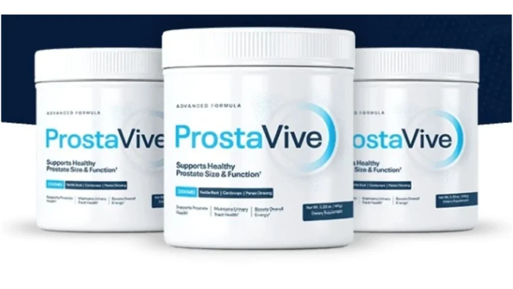 ProstaVive supplement bottles featuring natural ingredients for prostate health support.