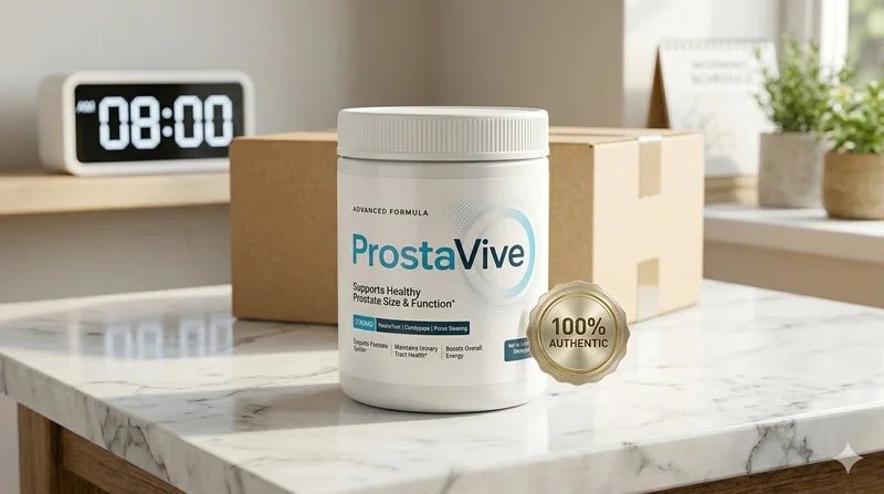 ProstaVive review 2026: Visual representation of a supplement bottle on a marble table, showing a distinct shipping box and a gold "100% Authentic" seal for secure purchase.