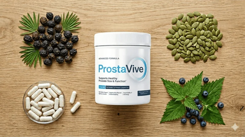 ProstaVive review 2026: natural prostate support ingredients including saw palmetto, pumpkin seeds, and zinc displayed next to the supplement bottle.