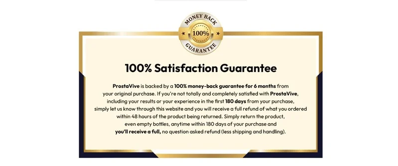 ProstaVive review showing the 100% satisfaction and 180-day money-back guarantee policy.