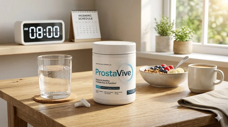 ProstaVive review 2026: Morning routine with supplement bottle, a glass of water, and a digital clock showing 8:00 AM.