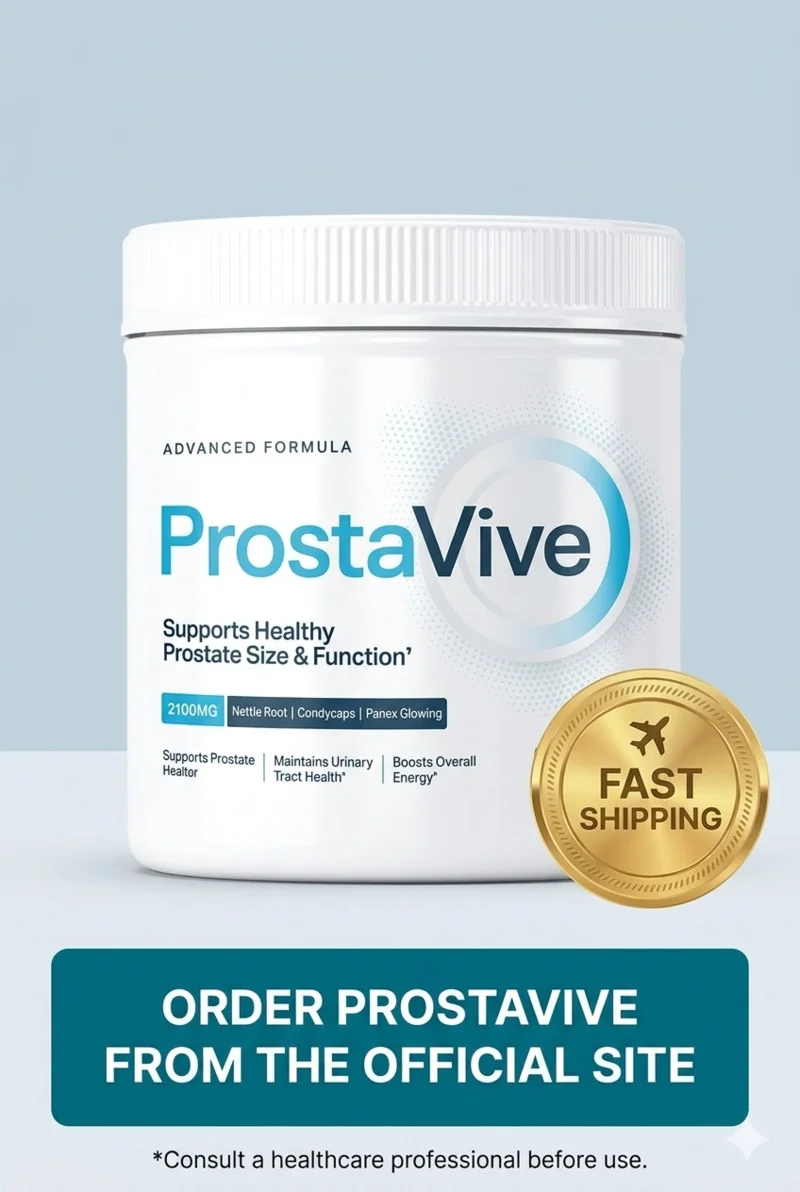 ProstaVive supplement bottle with a Fast Shipping seal and a call to action to order from the official website.