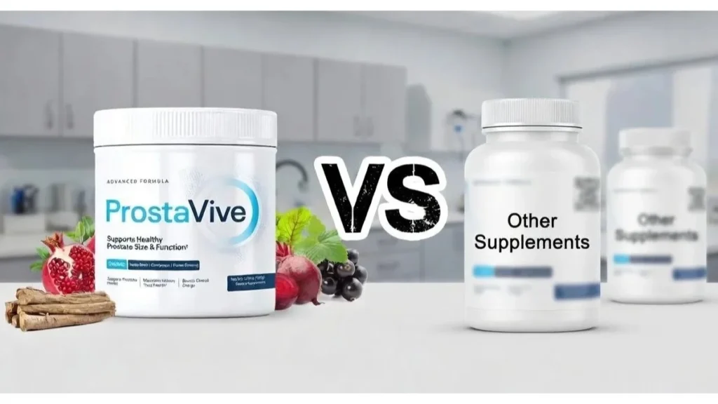 Horizontal comparison banner for ProstaVive: the sharp container with natural ingredients versus generic 'Other Supplements' bottles in a medical background.