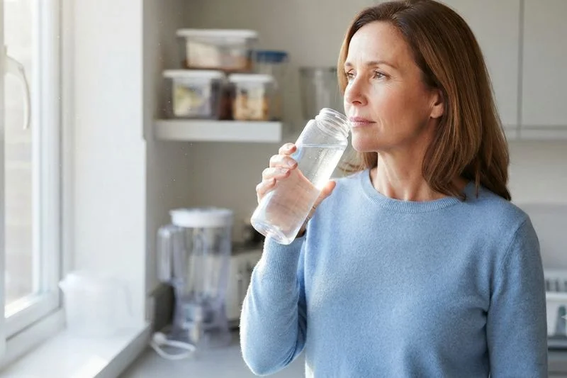 Thoughtful woman drinking water from a reusable plastic bottle in a modern, sunlit kitchen, illustrating the environmental contaminants that Phytomem One helps address.