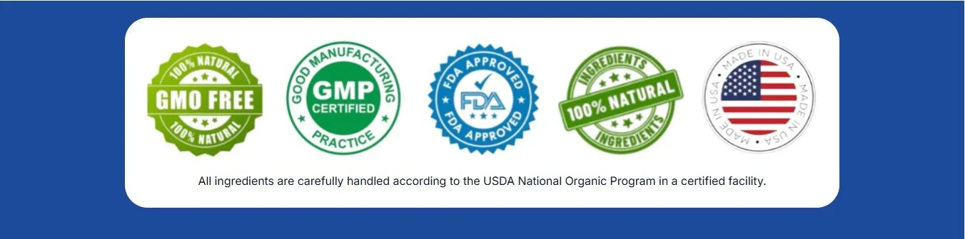 Quality seals for Phytomem One, including 100% natural, GMO-free, and GMP certified manufacturing standards.