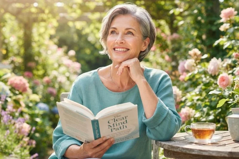 Happy and focused senior woman with stylish gray hair reading a book in a sunlit garden, representing the recovered mental clarity and vitality achieved with Phytomem One support.