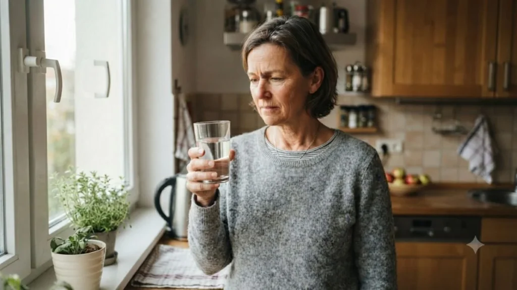 Middle-aged woman in a kitchen holding a glass of water, experiencing brain fog symptoms, a sign that she may need cognitive support like Phytomem One.