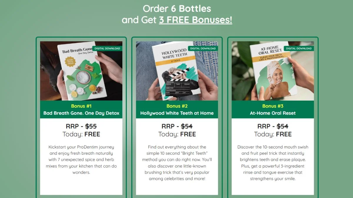 ProDentim promotional banner displaying 3 free digital bonuses including Bad Breath Gone, Hollywood White Teeth at Home, and At-Home Oral Reset