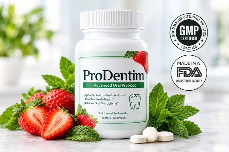 ProDentim ingredients bottle featuring chewable tablets, fresh strawberries, mint leaves, and quality certification seals