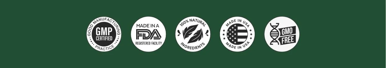 ProDentim official quality standards badges including GMP certified, FDA registered facility, 100% natural ingredients, and GMO free